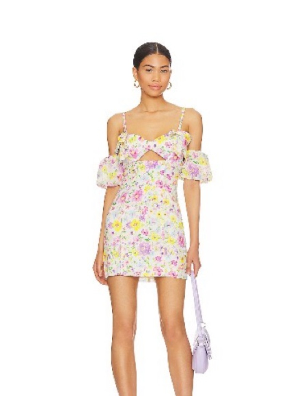 MAJORELLE Pastel Floral Cutout Mini Dress in Pink, Yellow & Lavender